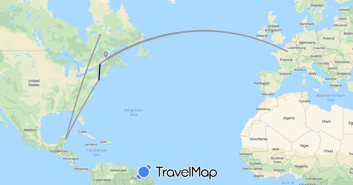 TravelMap itinerary: driving, plane in Canada, France, Mexico, United States (Europe, North America)
